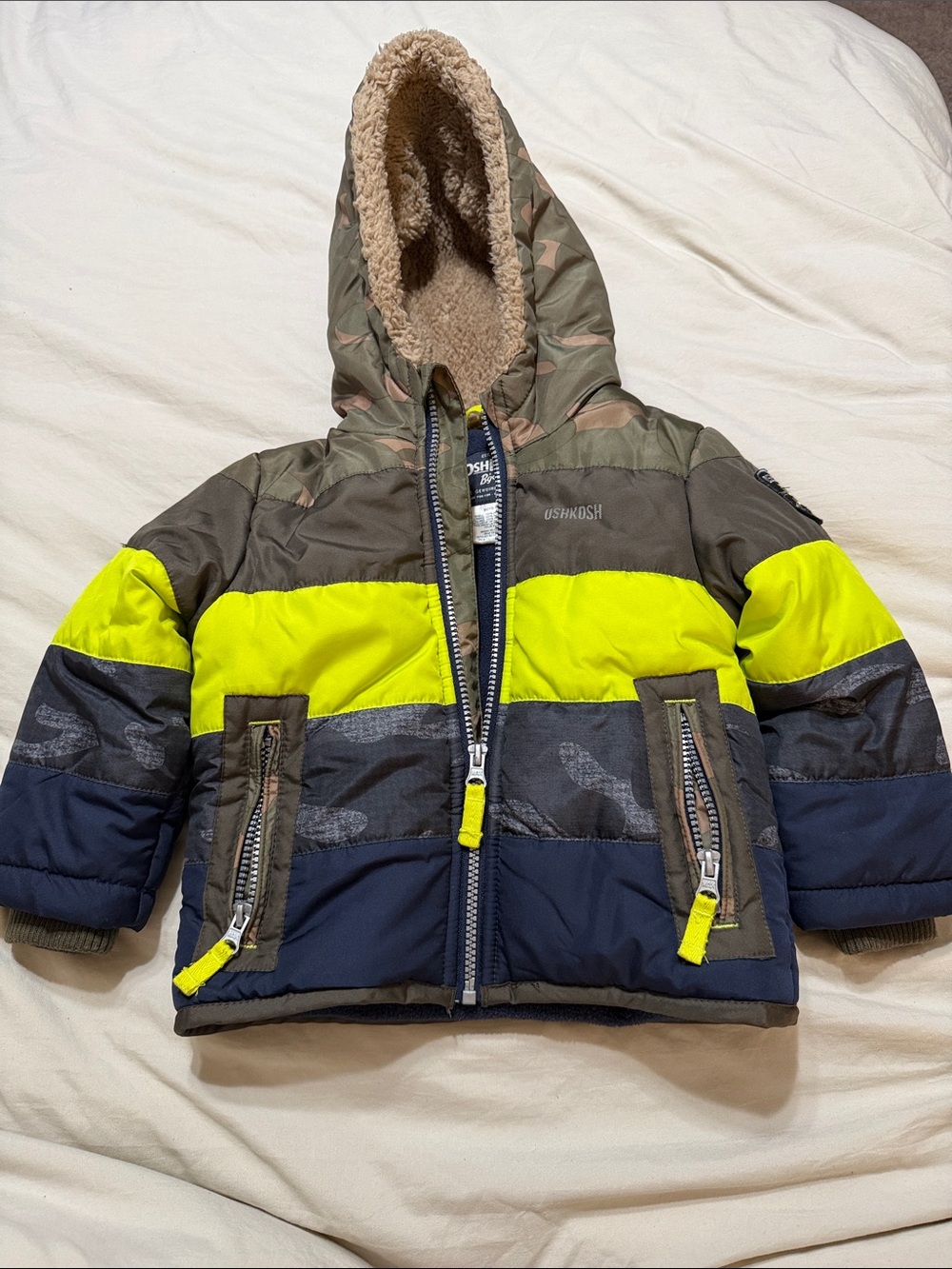 OshKosh B'gosh Colorblock Puffer Jacket in Olive, Neon Yellow & Navy